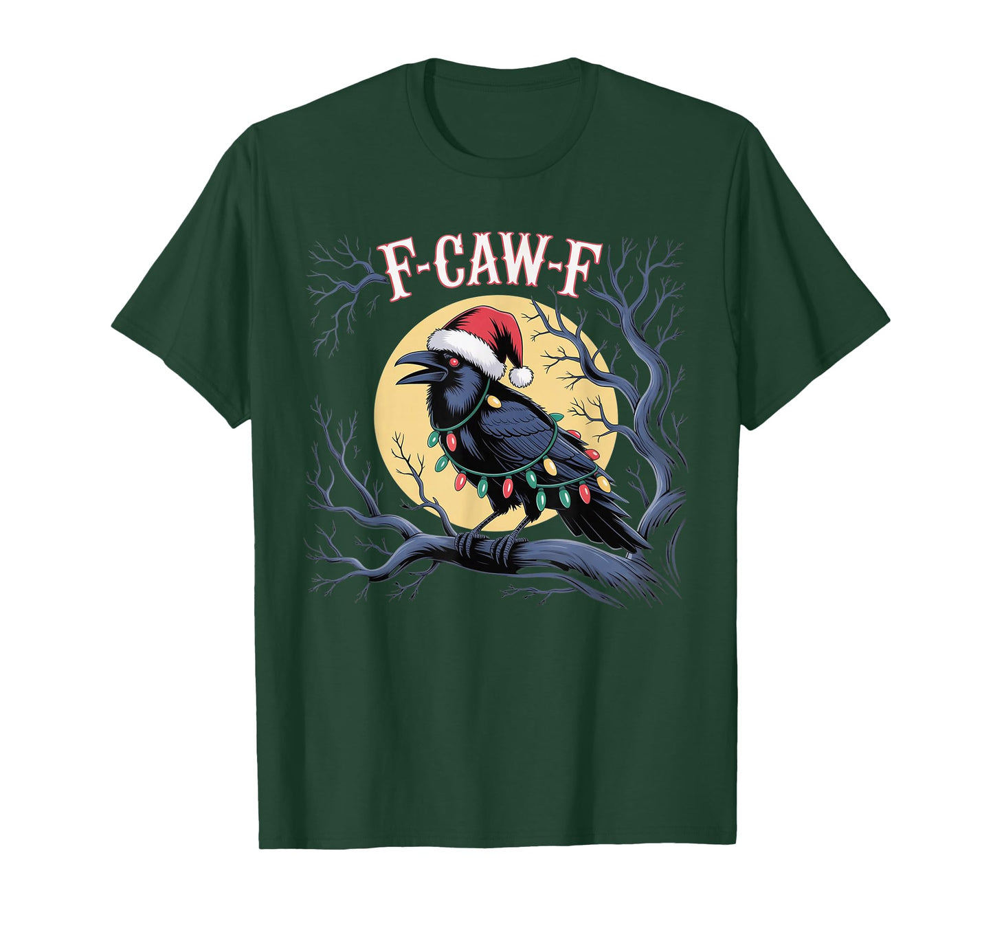 Black Crow F-Caw-F Funny Retro Christmas Lights Santa hat T-Shirt