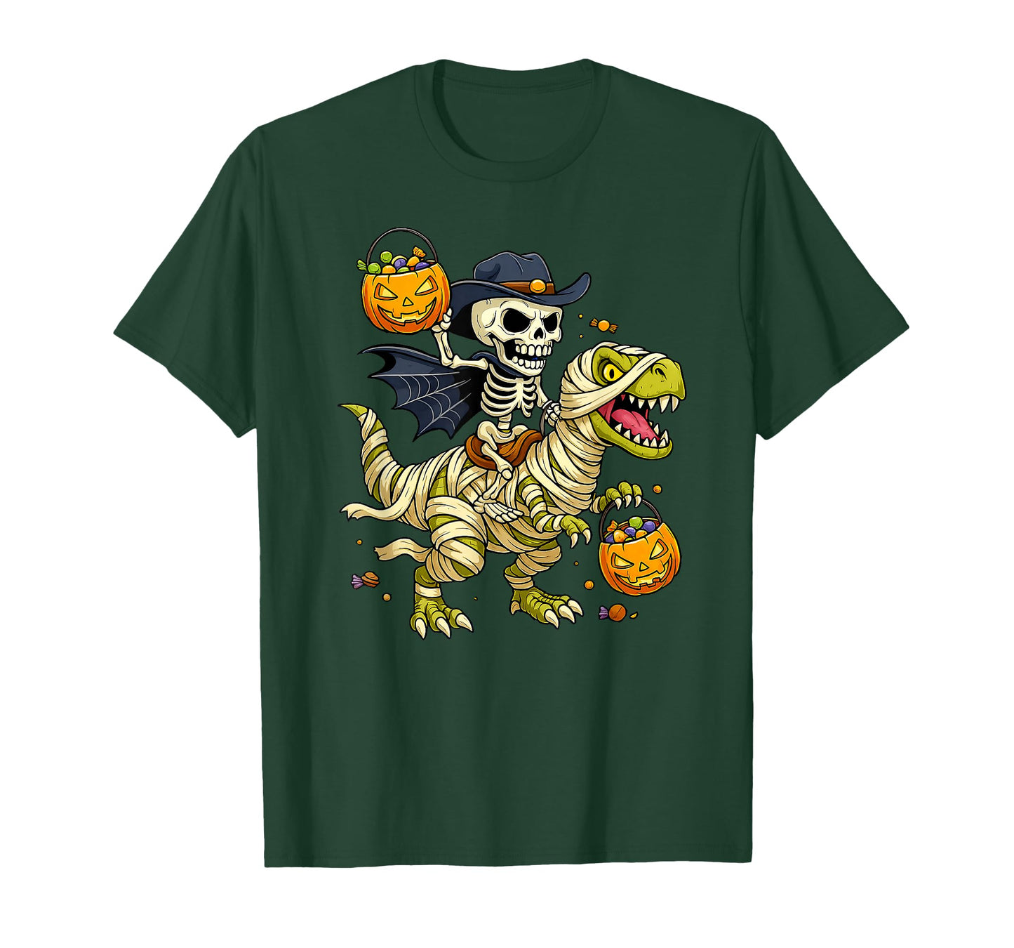 Skeleton Riding Mummy Dinosaur T Rex Kids Boys Halloween T-Shirt