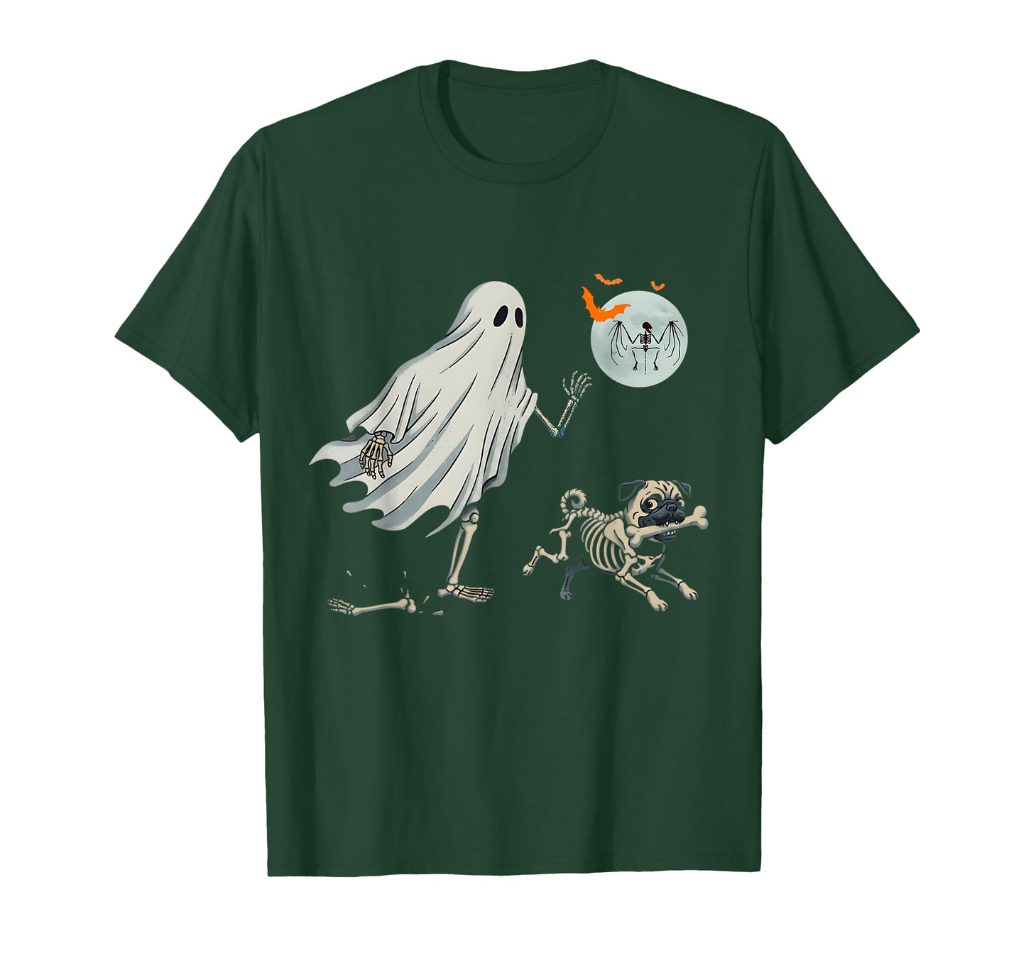 Funny Skeleton Ghost Costume Chasing Pug Halloween Dog Lover T-Shirt