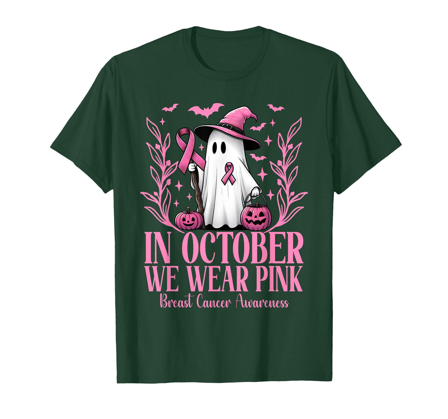 In October We Wear Pink Breast Cancer Witch Ghost Halloween T-Shirt
