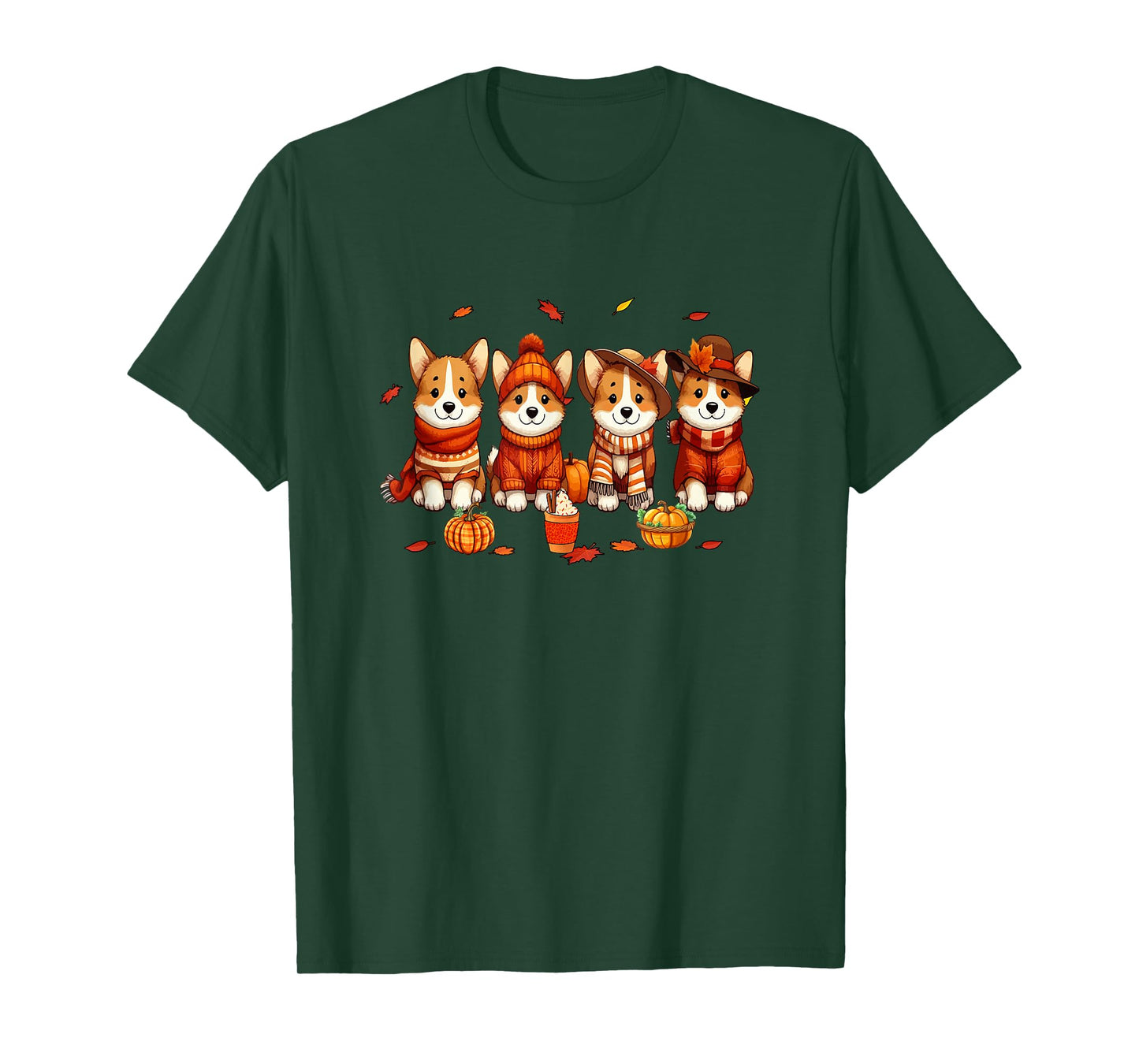 Group Corgis Thanksgiving Pilgrim Fall Leaves Pumpkins T-Shirt