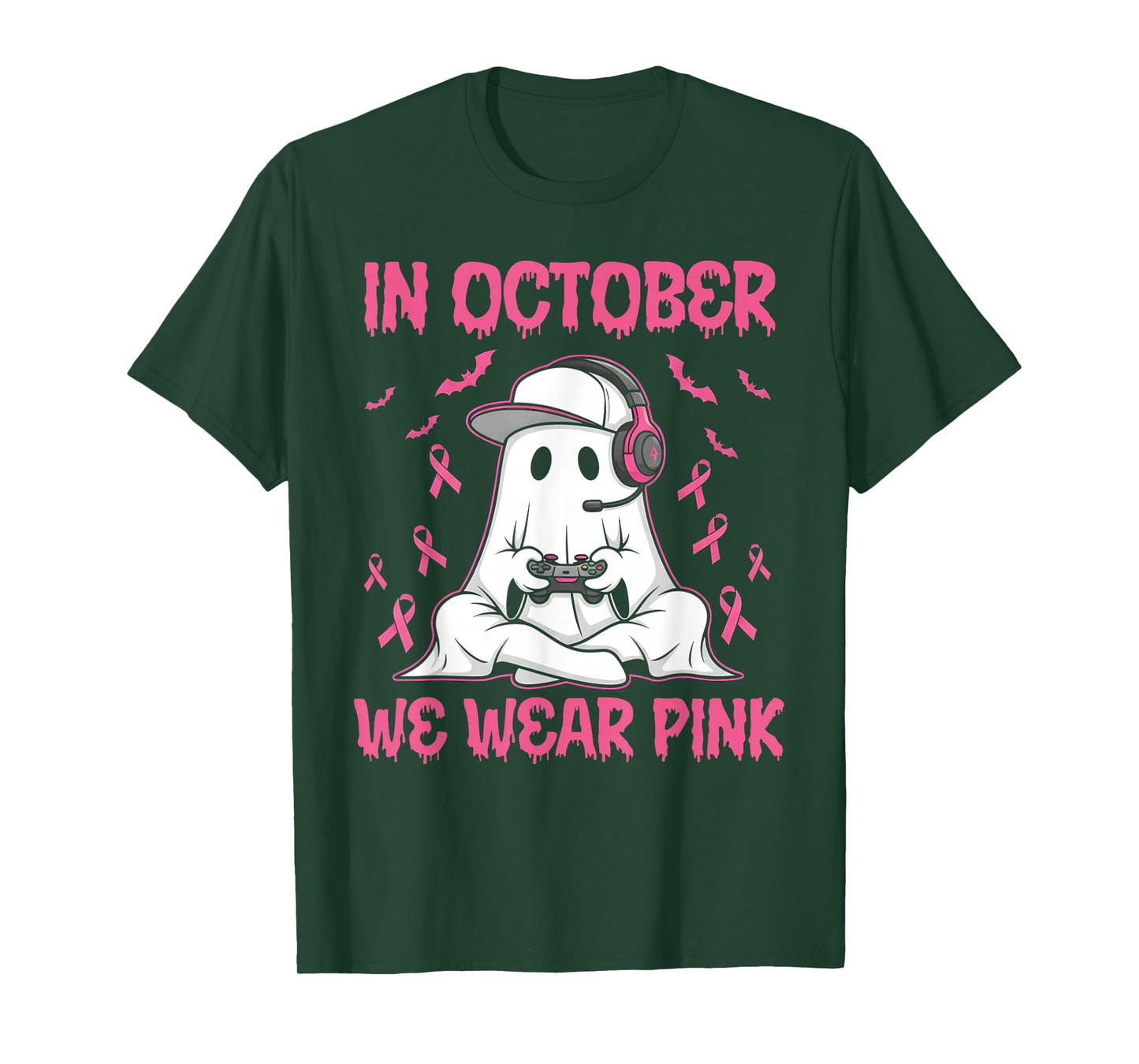 in October We Wear Pink Breast Cancer Gaming Ghost Youth T-Shirt