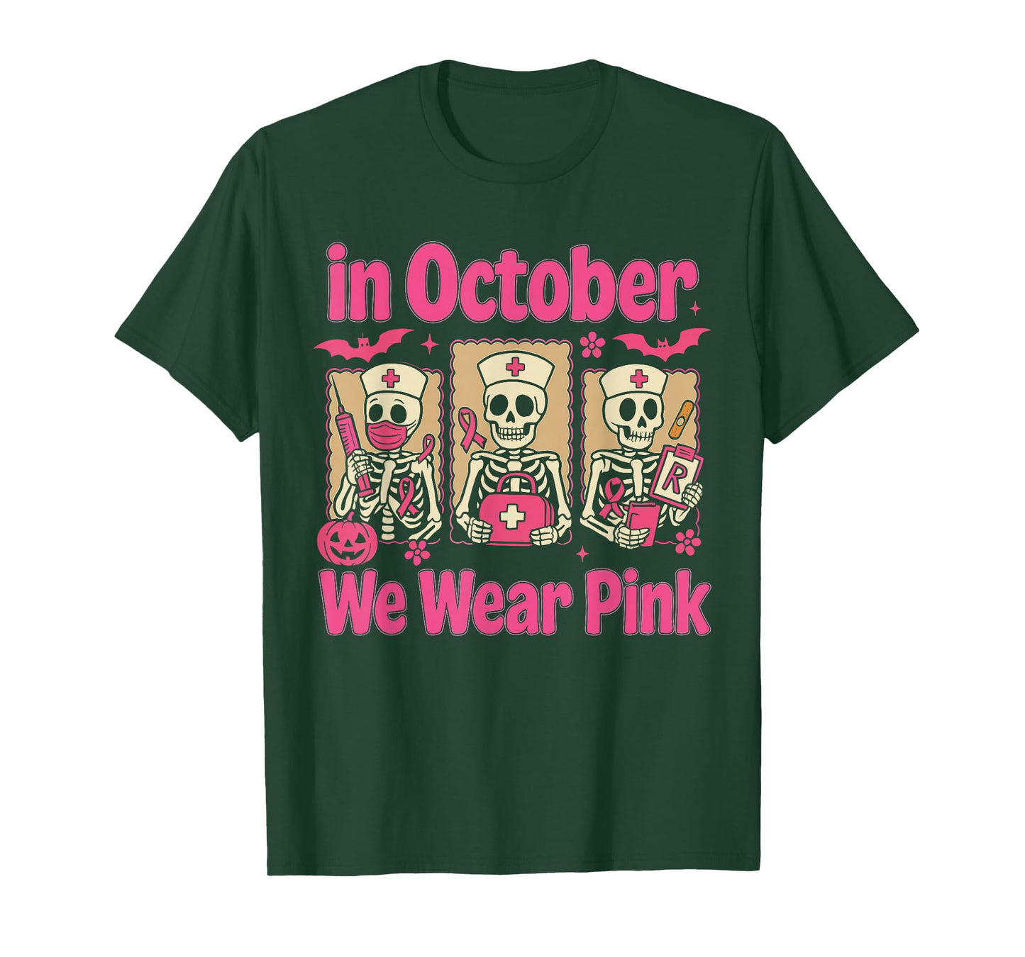 in October We Wear Pink Nurse Skeleton Breast Cancer T-Shirt