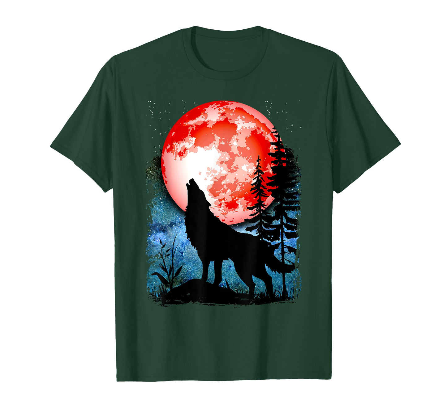 Wolf Howls Red Blood Moon Galaxy Star Night T-Shirt