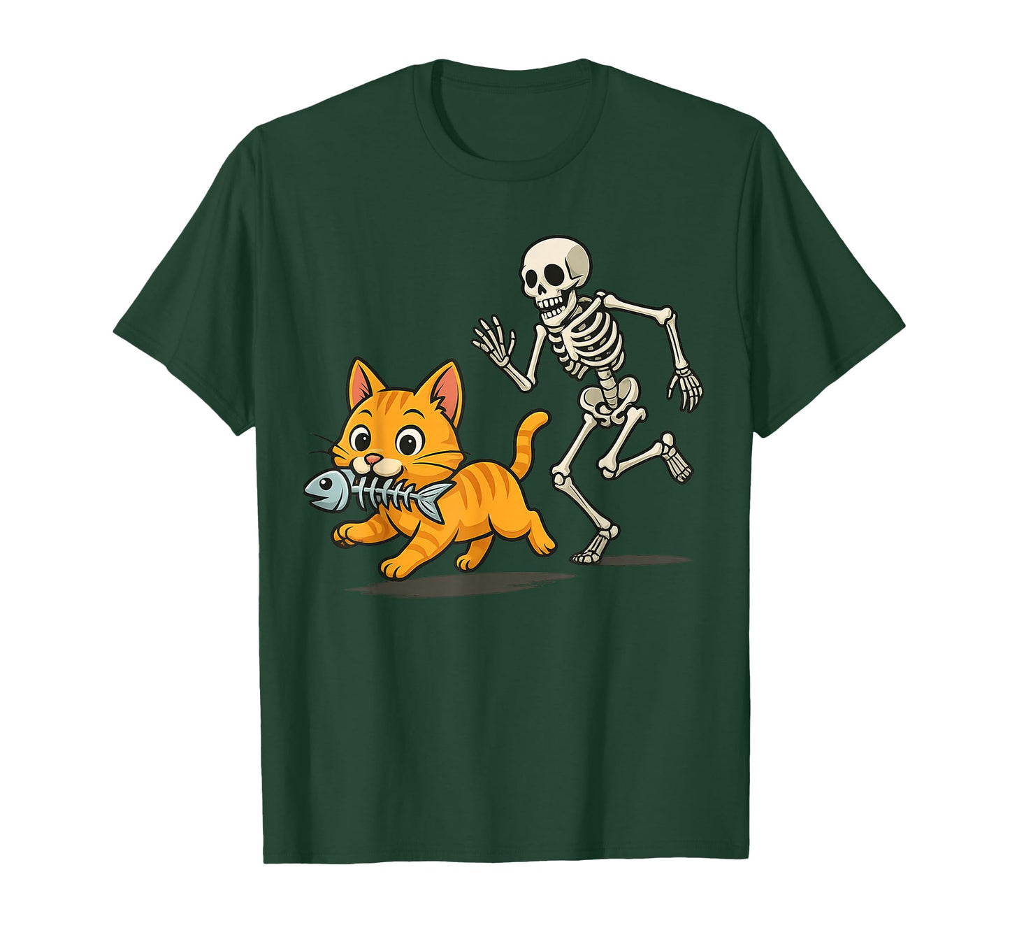 Funny Cat and Skeleton Chase Halloween Design for Pet Lovers T-Shirt