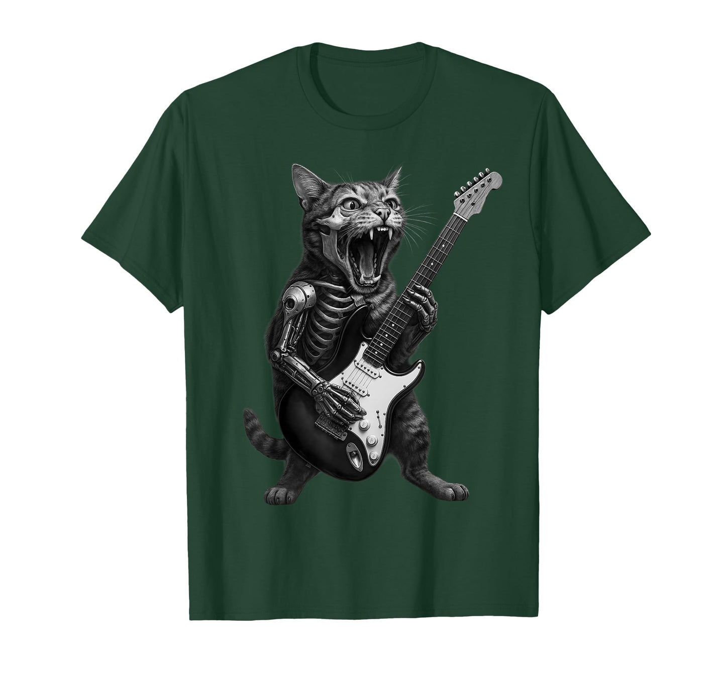 Cyborg Skeleton Cat Playing Guitar Rock and Roll Music Band T-Shirt