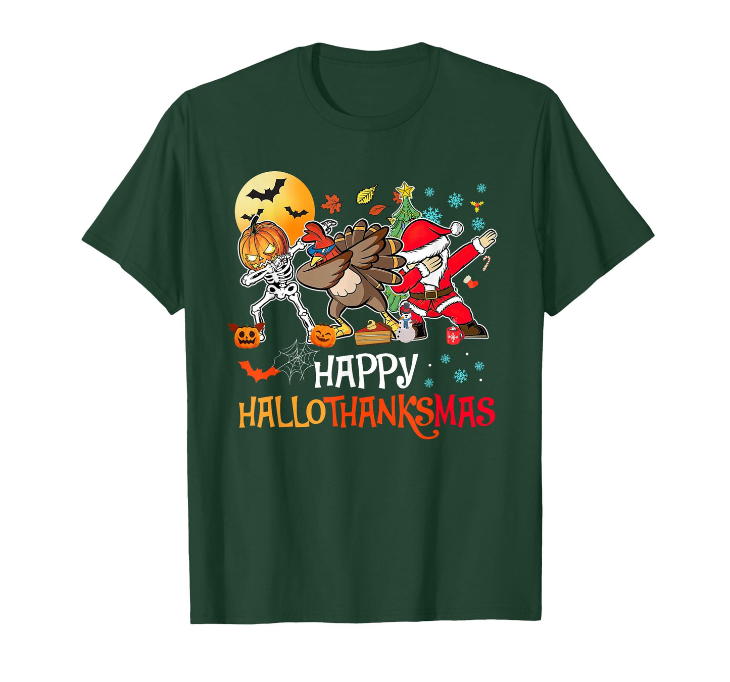 Happy Hallothanksmas Funny Dabbing Skeleton Turkey Santa T-Shirt