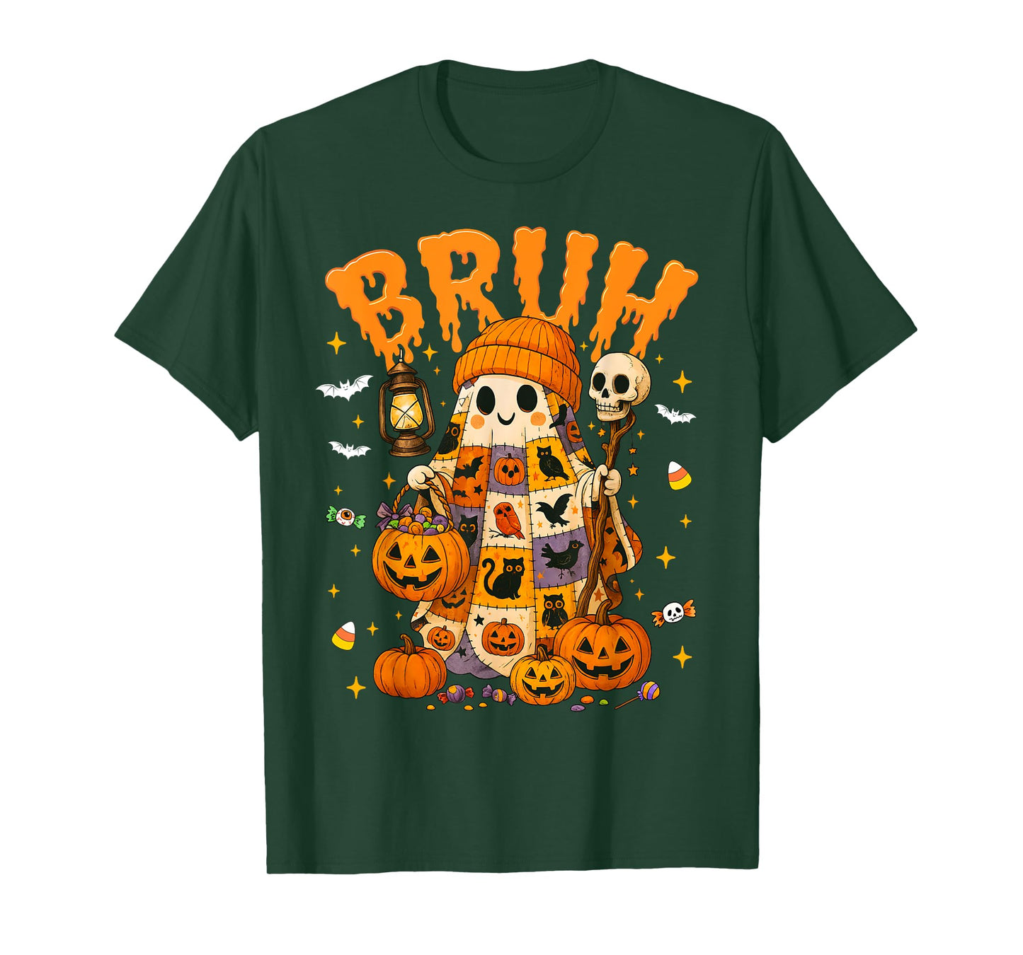 Patchwork Ghost Trick Or Treat Bruh Halloween Candy Kids T-Shirt
