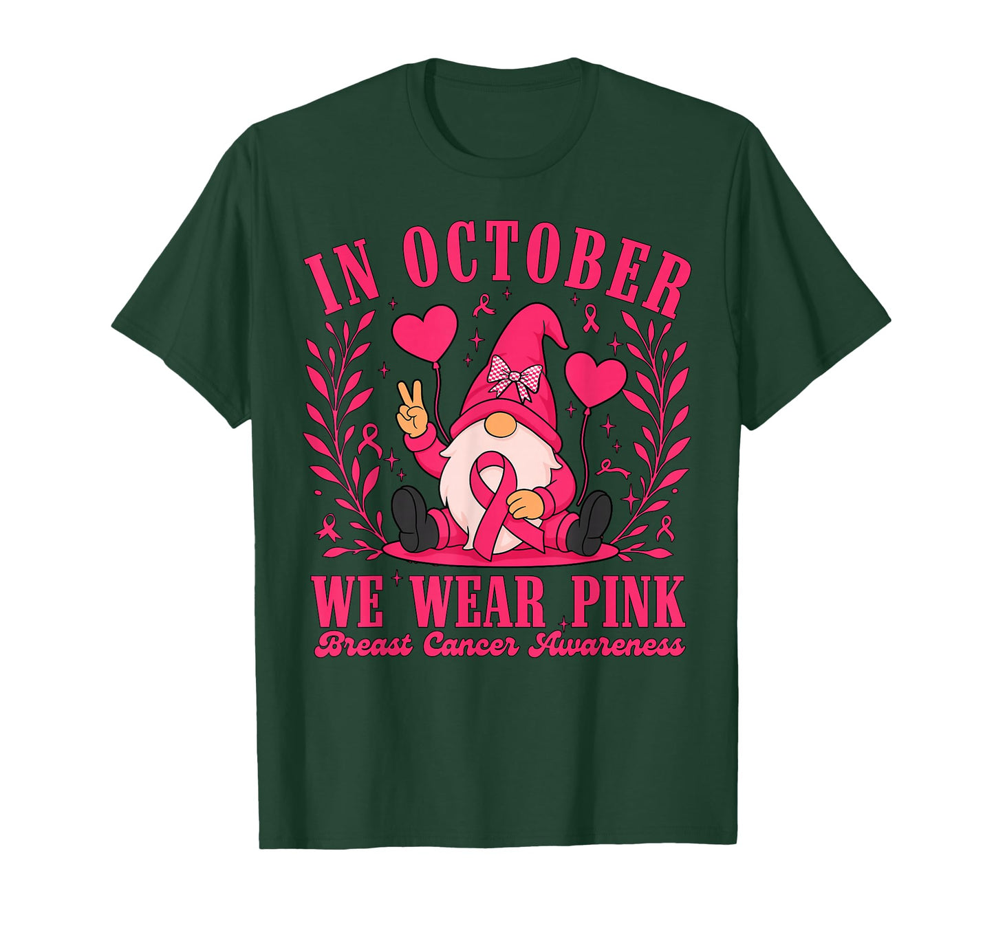 in October We Wear Pink Ribbon Gnome Breast Cancer Women T-Shirt