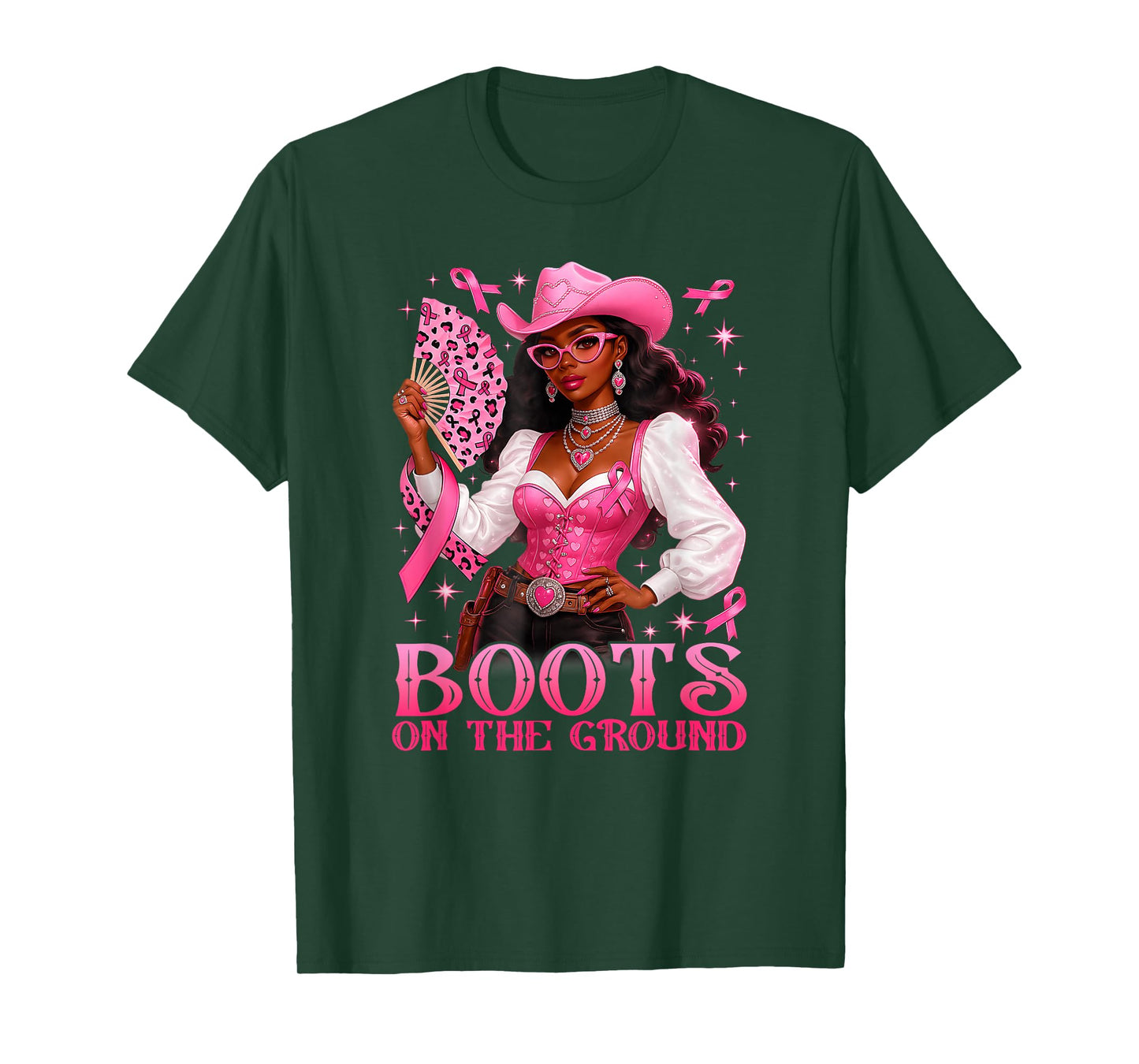 Boots On The Ground Pink Cowgirl Breast Cancer Western Women T-Shirt