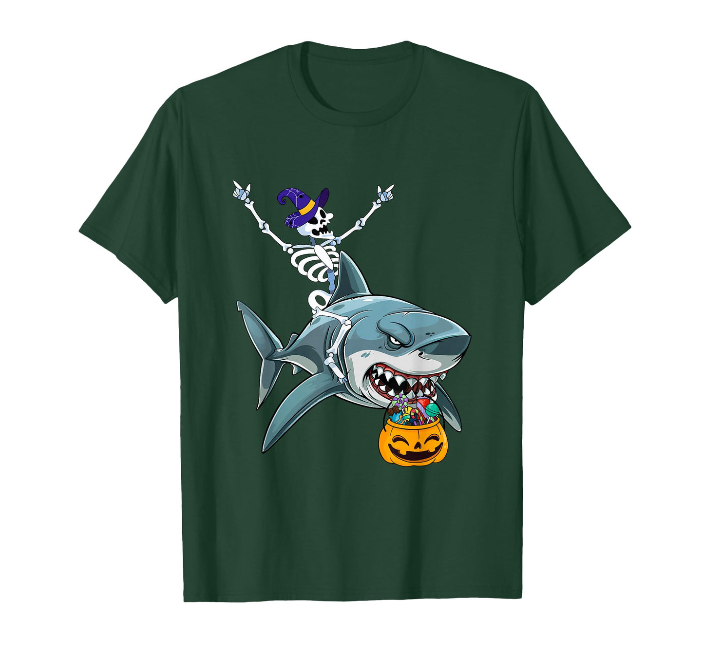 Cute Halloween Witch Skeleton Riding Shark Kids Men Women T-Shirt
