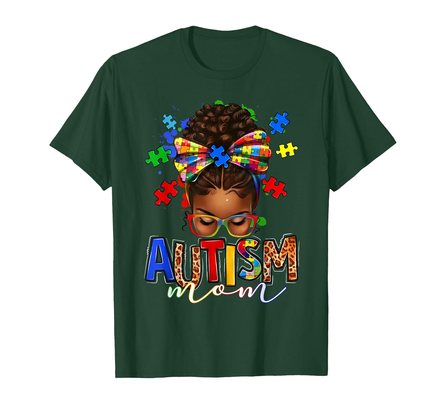 Autism Mom Messy Bun Black Women Autism Awareness Puzzle T-Shirt