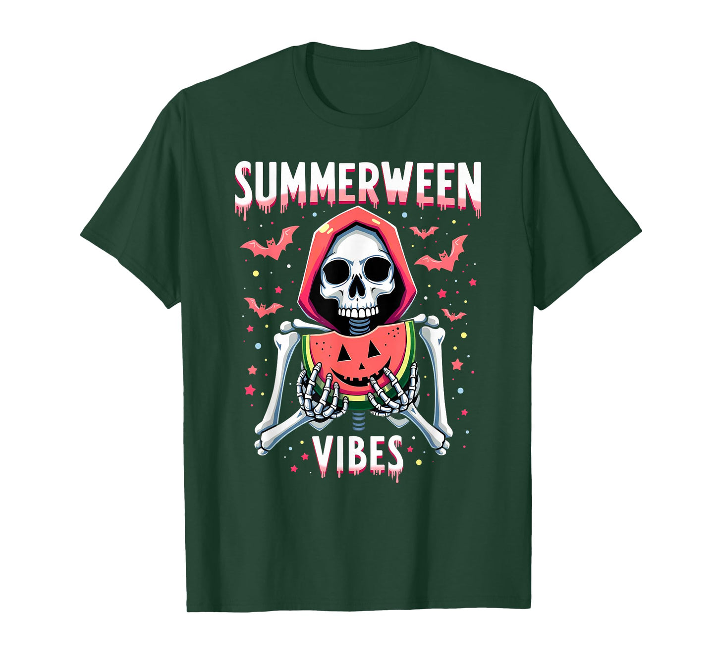 Ghost Skeleton Eating Watermelon Summerween Vibes T-Shirt