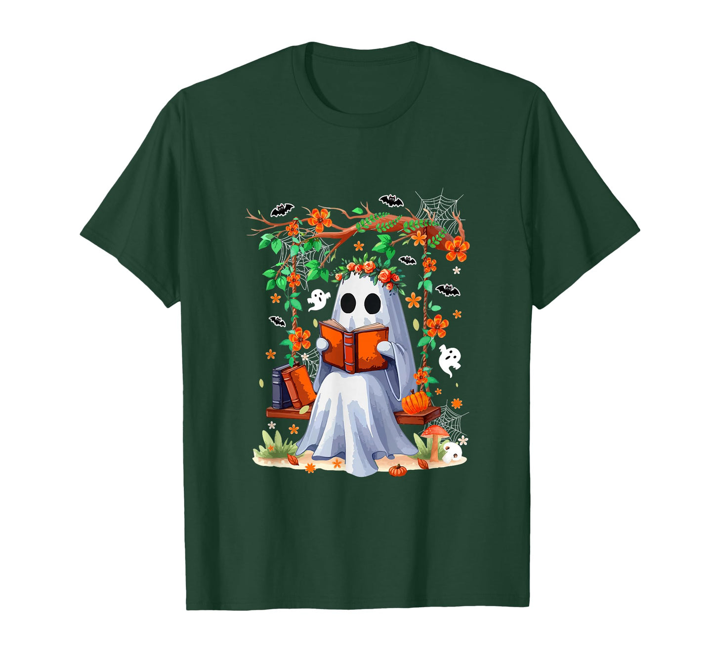 Cute Boo On Swing Reading Book Halloween Colorful Flowers T-Shirt