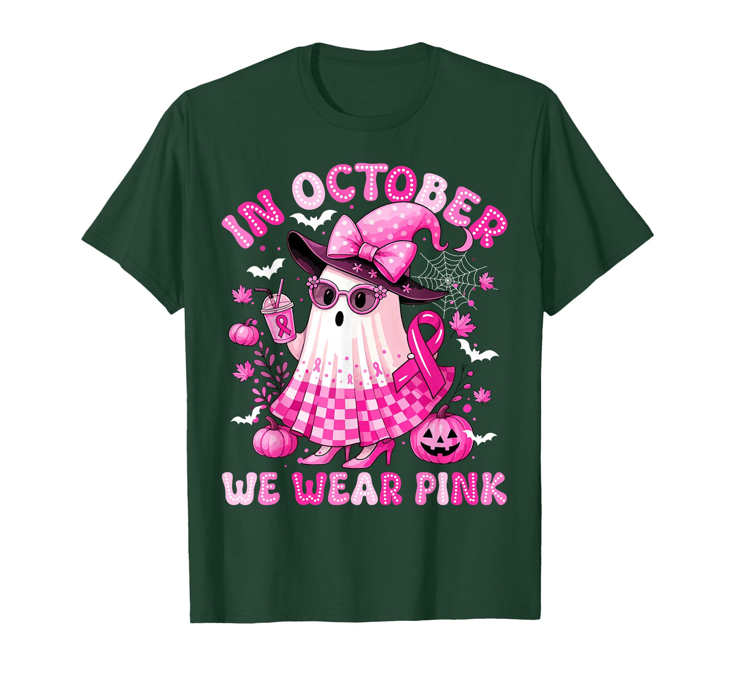 in October We Wear Pink Breast Cancer Bow Ghost Women Girl T-Shirt