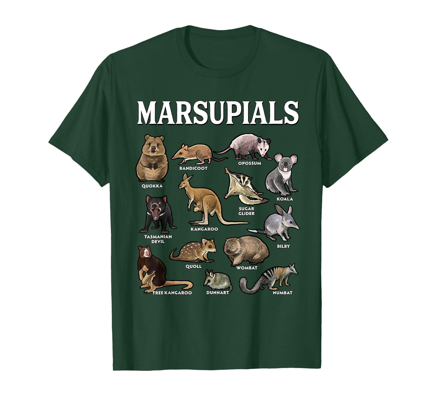 Marsupials Animal Chart Cute Wildlife Species from the World T-Shirt
