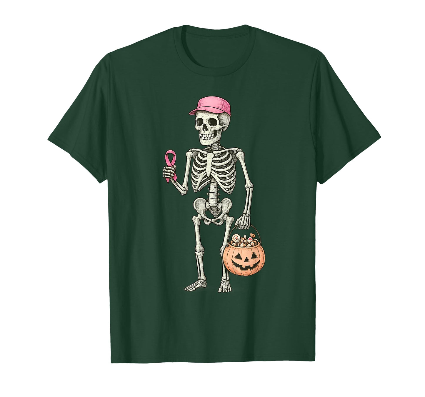 Skeleton Pink Ribbon Breast Cancer Awareness Halloween T-Shirt