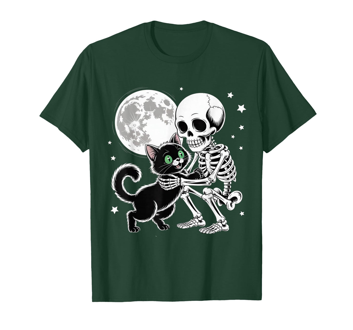 Skeleton Hugging Black Cat Under Full Moon Halloween T-Shirt