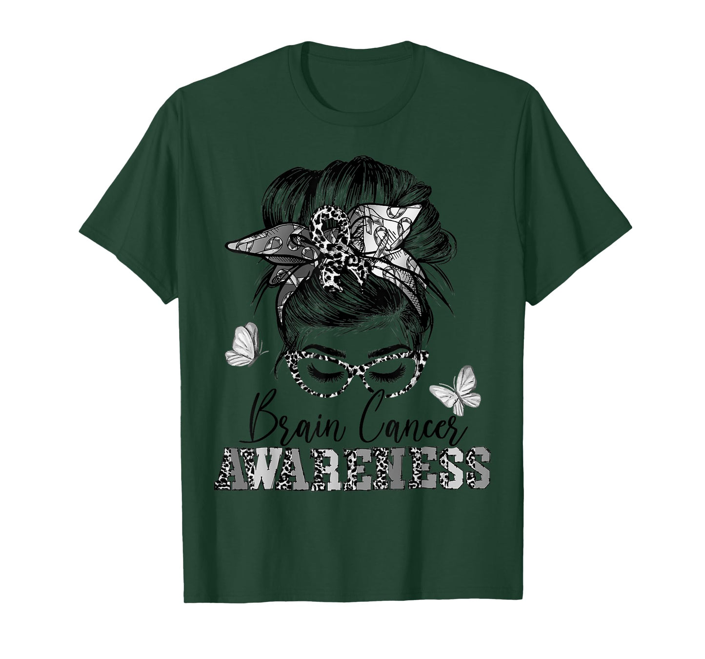 Messy Hair Bun Gray Ribbon Brain Cancer Awareness T-Shirt