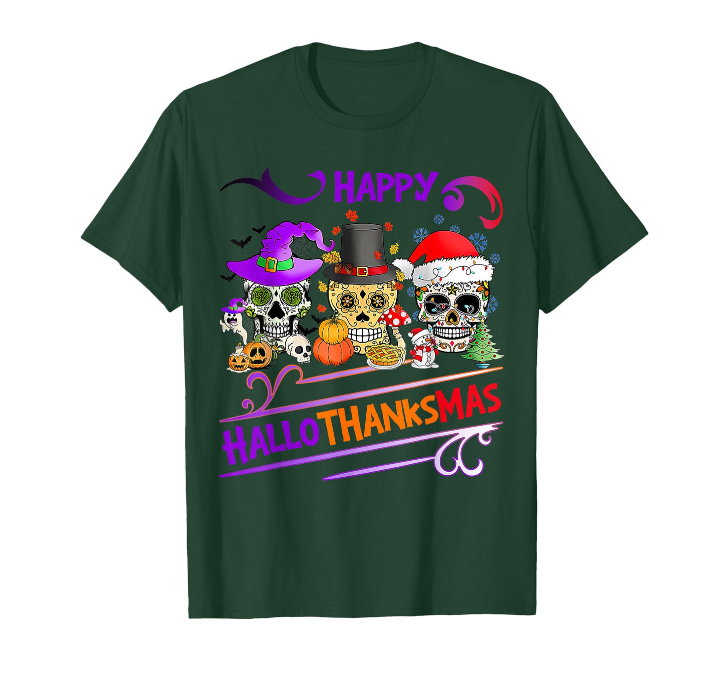 Sugar Skull Happy Hallothanksmas Halloween Thanksgiving Xmas T-Shirt