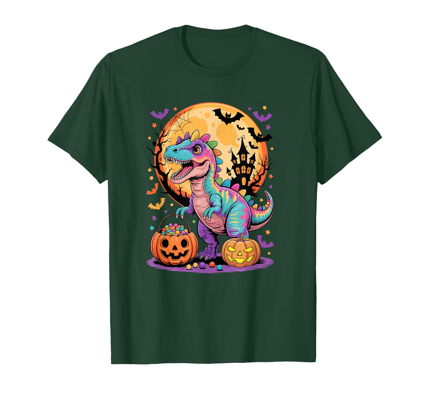 Colorful T-Rex Carved Pumpkin Basket Candies Lover Kids T-Shirt