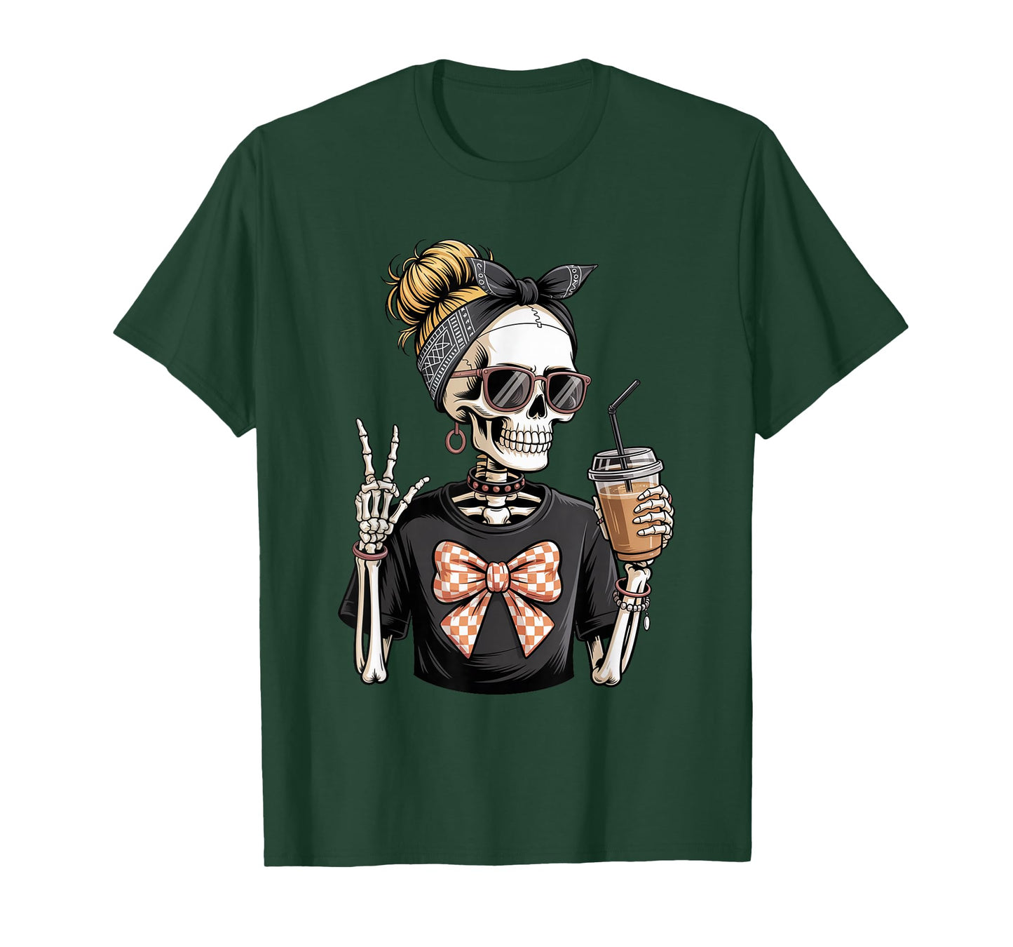 Skeleton Girl Drinking Coffee Peace Sign Graphic for Women T-Shirt