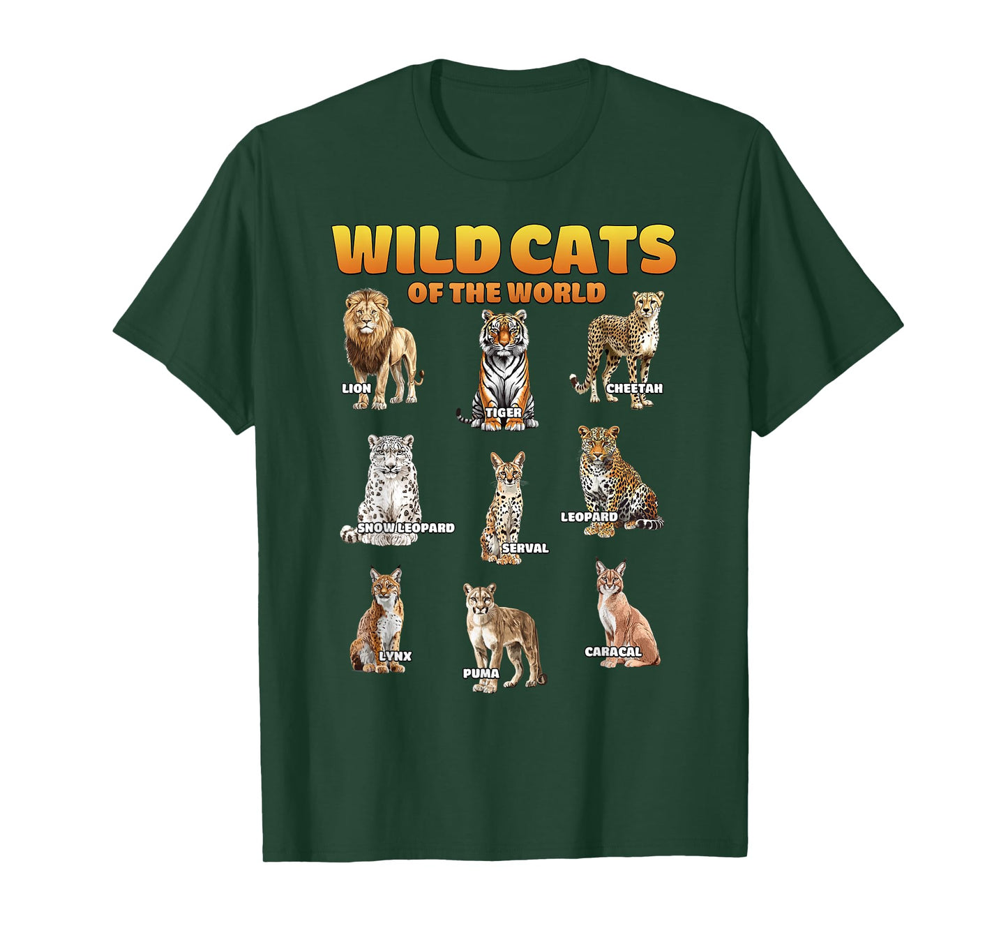 Wild Cats of The World Educational Animal Big Cat Types T-Shirt