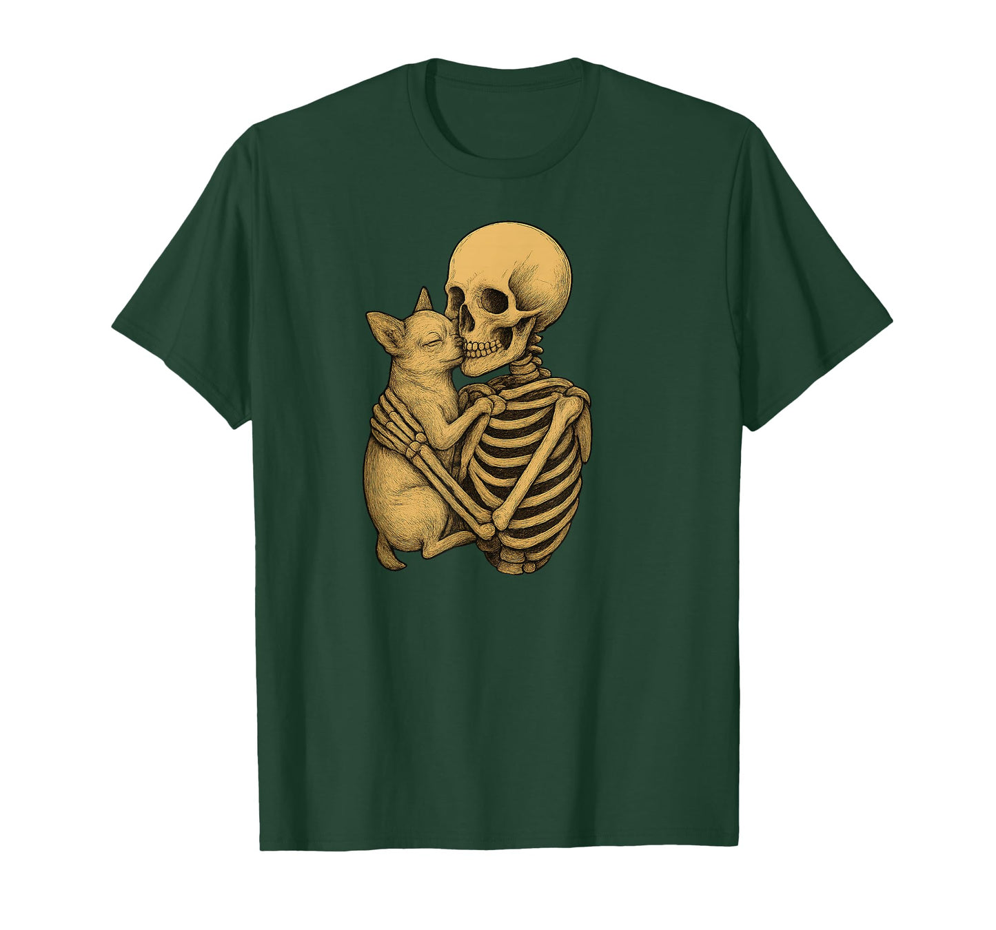 Skeleton Hugging Chihuahua Dog Halloween T-Shirt