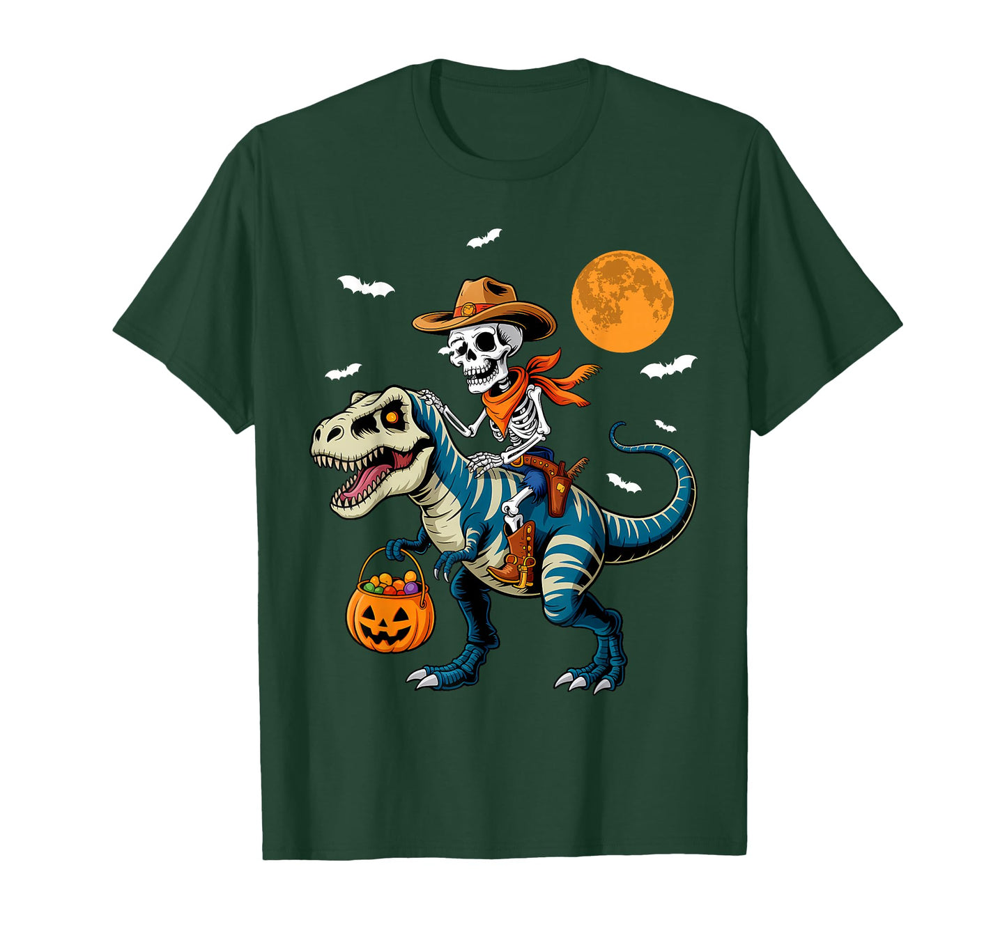 Skeleton Riding Mummy Dinosaur T-rex Funny Halloween Pumpkin T-Shirt