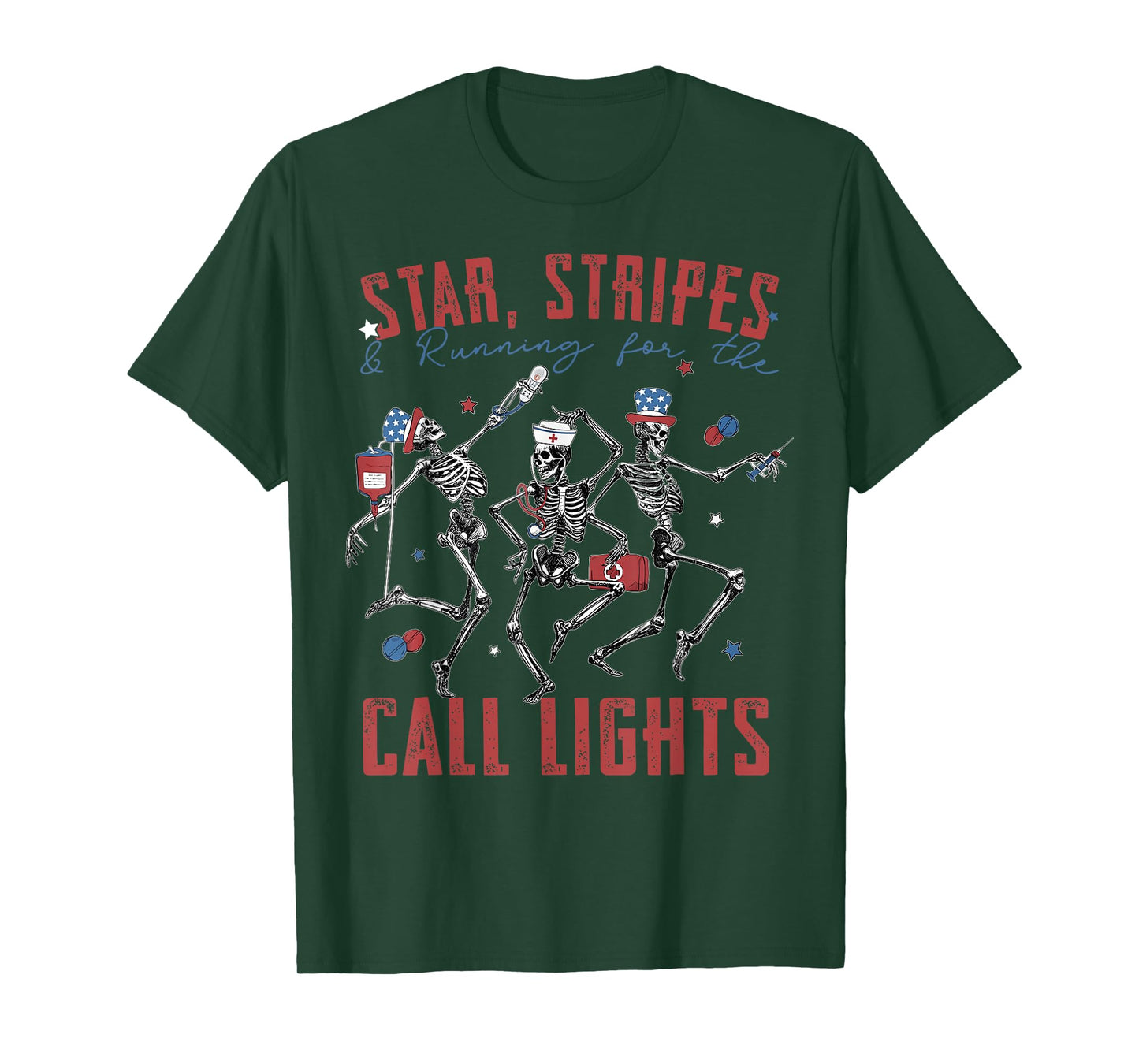 Star Stripes & Running For The Call Lights Dancing Skeleton T-Shirt