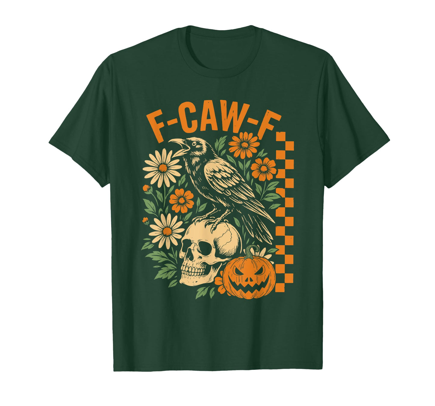 F-Caw-F Spooky Raven Skull Pumpkin Floral Halloween Skeleton T-Shirt