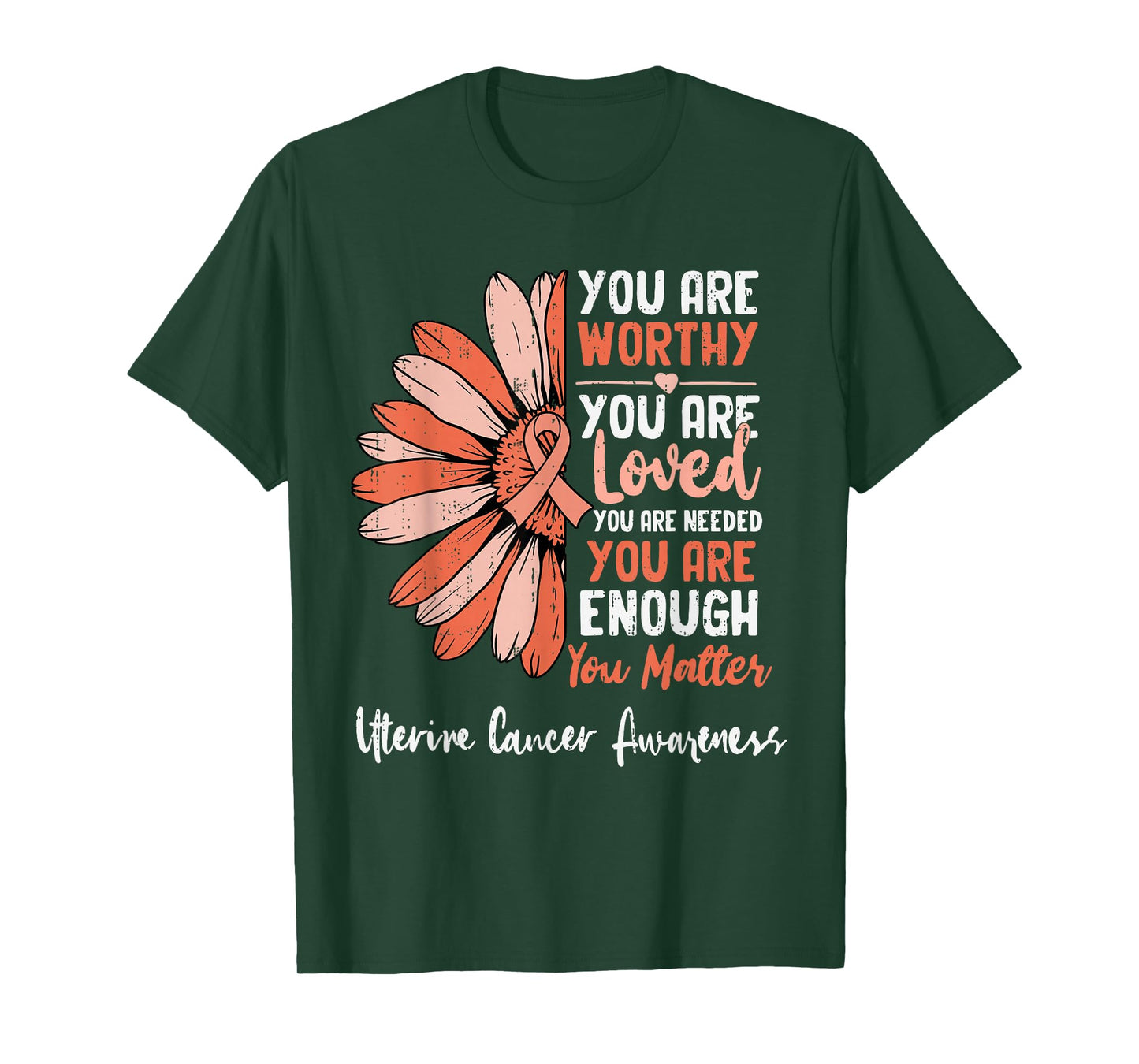 Motivational Uterine Cancer Awareness Sunflower Ribbon Peach T-Shirt