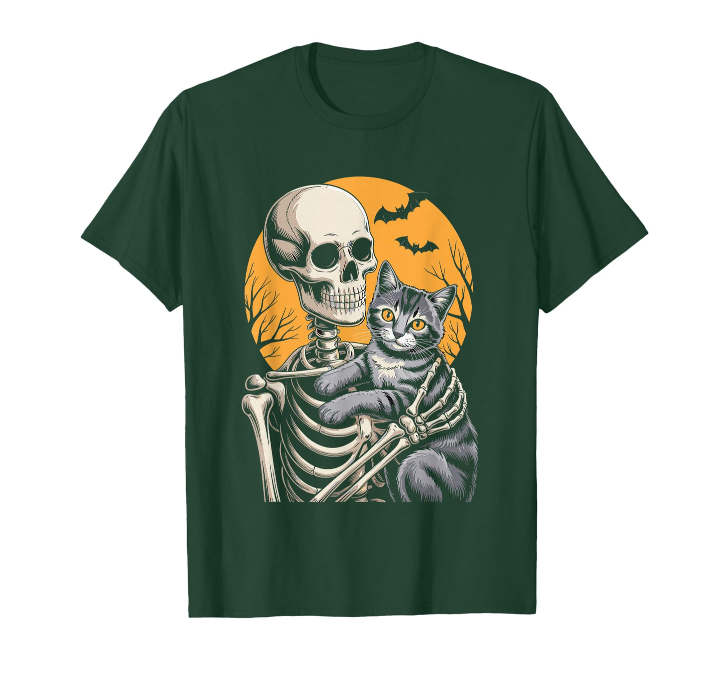 Skeleton Hugging Cat Halloween Moon Cats Lover T-Shirt