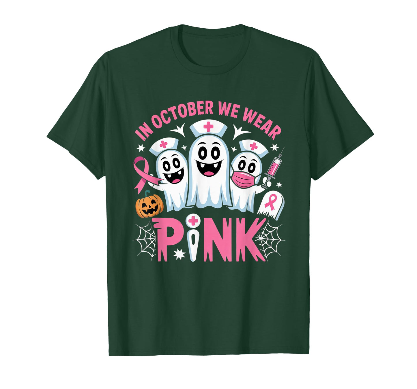 in October We Wear Pink Nurse Ghost Halloween 2025 T-Shirt