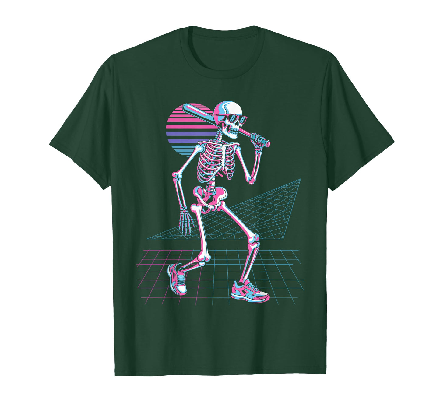 Retro 80s Skeleton Baseball Graphic Vaporwave Sunset T-Shirt