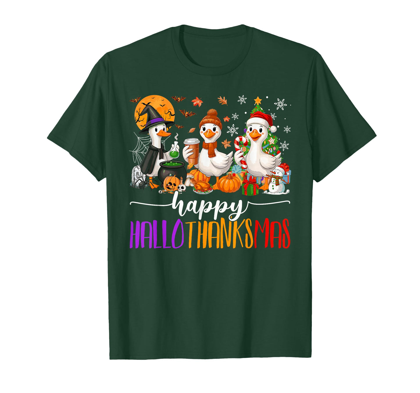 Happy Hallothanksmas Gooses Halloween Thanksgiving Christmas T-Shirt