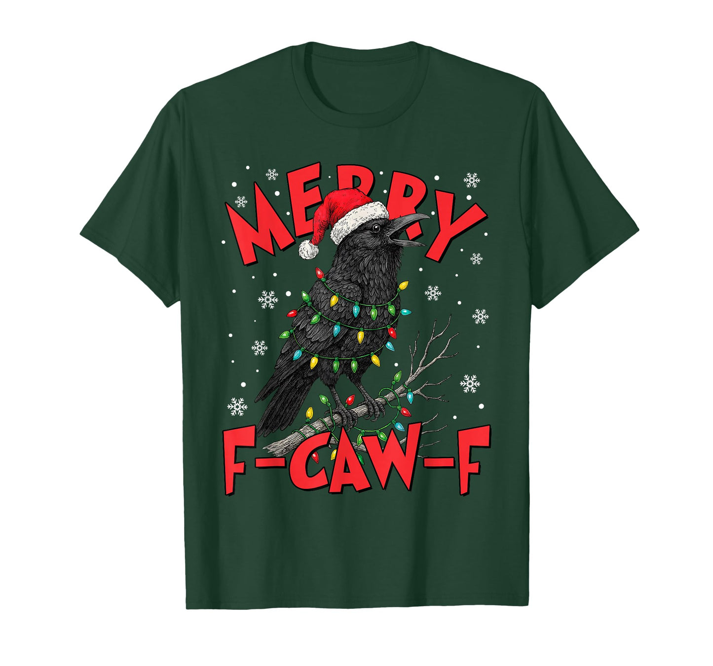 Merry F-Caw-F Crow Santa Hat Lights Funny Christmas Pun T-Shirt