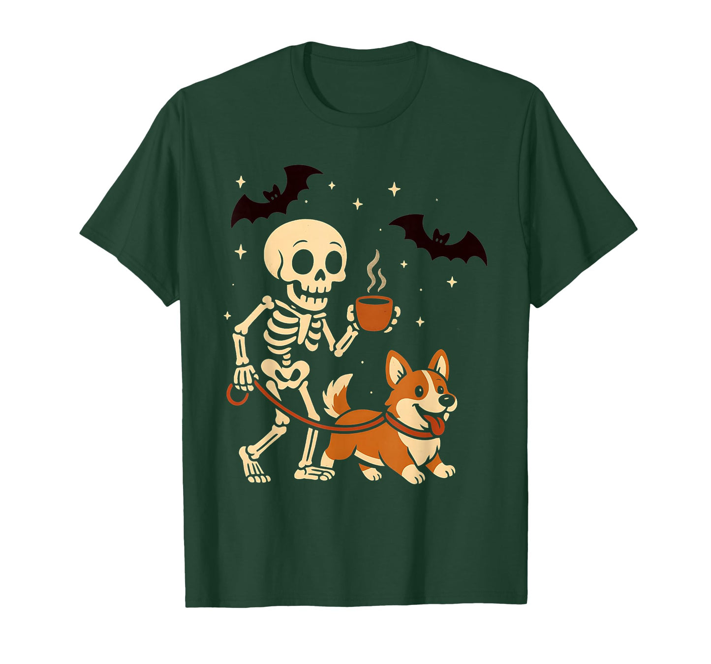 Skeleton Walking Corgi Dog Coffee Lovers Funny Halloween T-Shirt