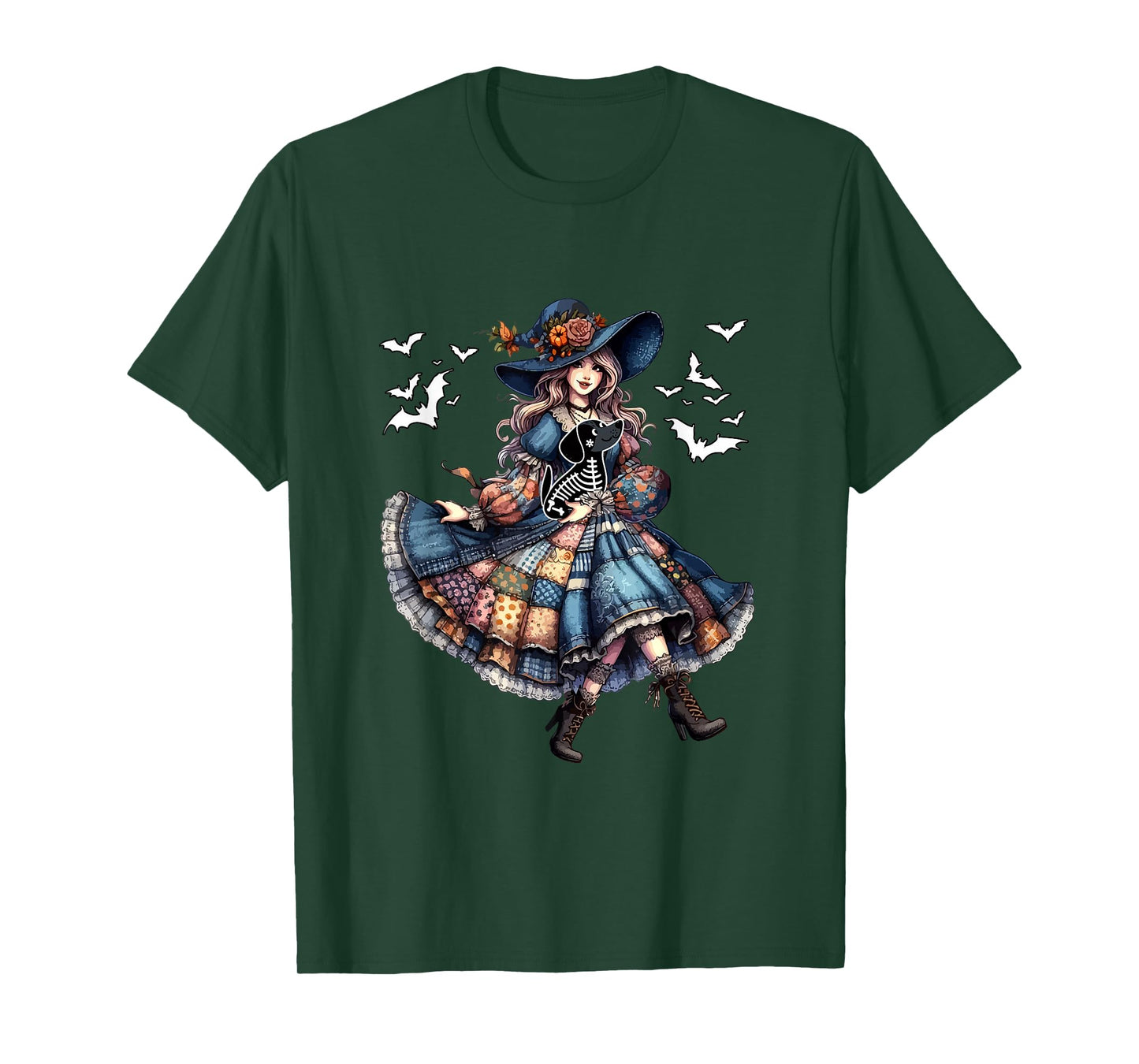 Floral Witch Hugging Dachshund Cosplay Skeleton Halloween T-Shirt