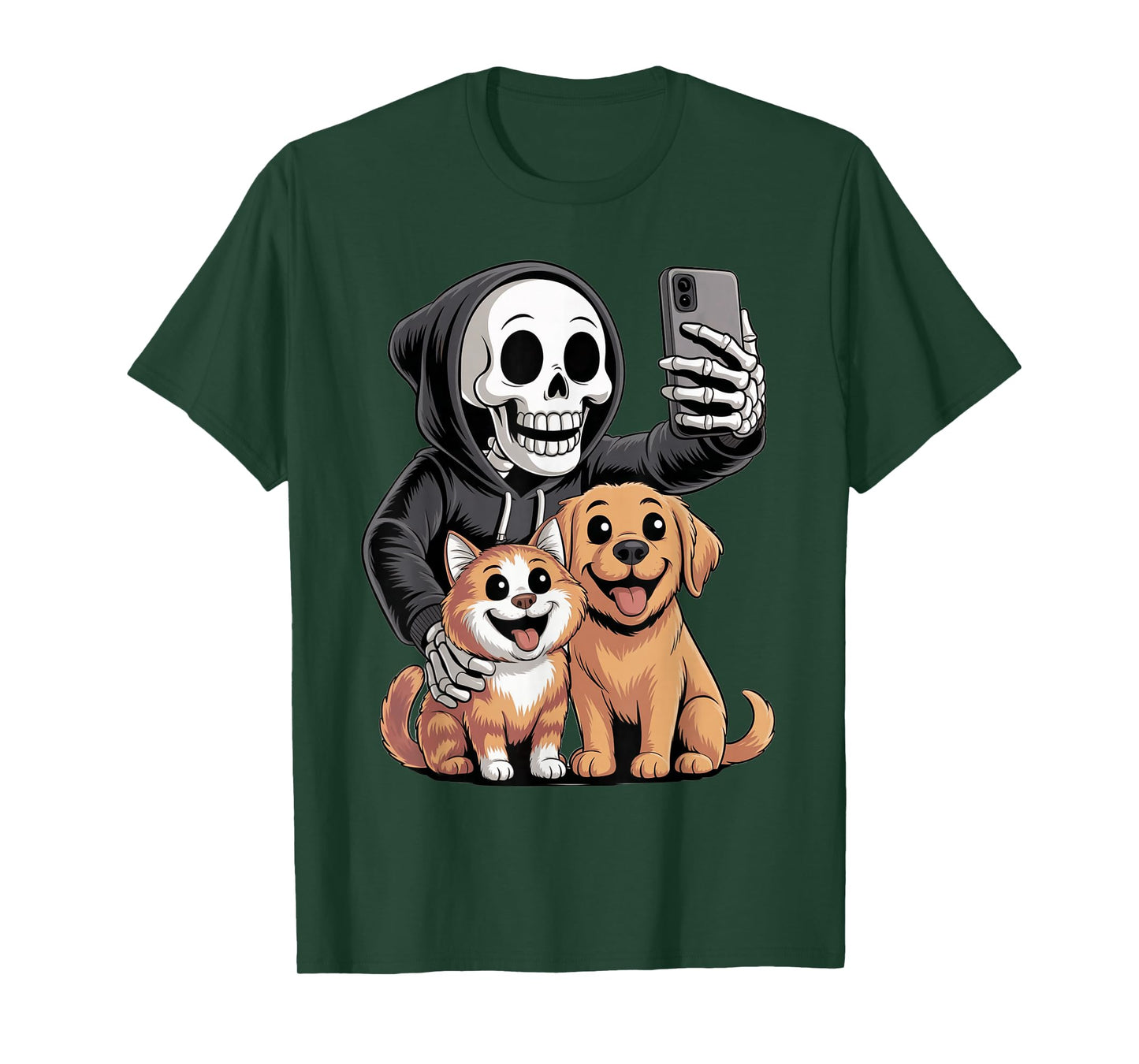 Skeleton Selfie with Pets Funny Halloween Boys Girls Kids T-Shirt