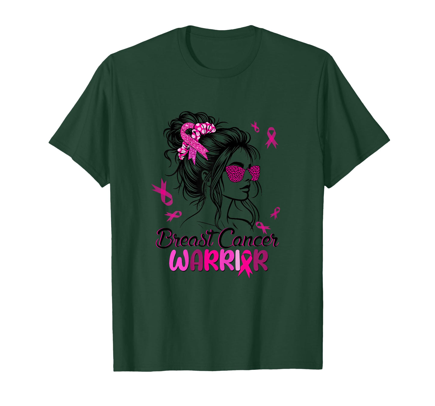 Pink Messy Bun Ribbon Breast Cancer Warrior Survivor Women T-Shirt
