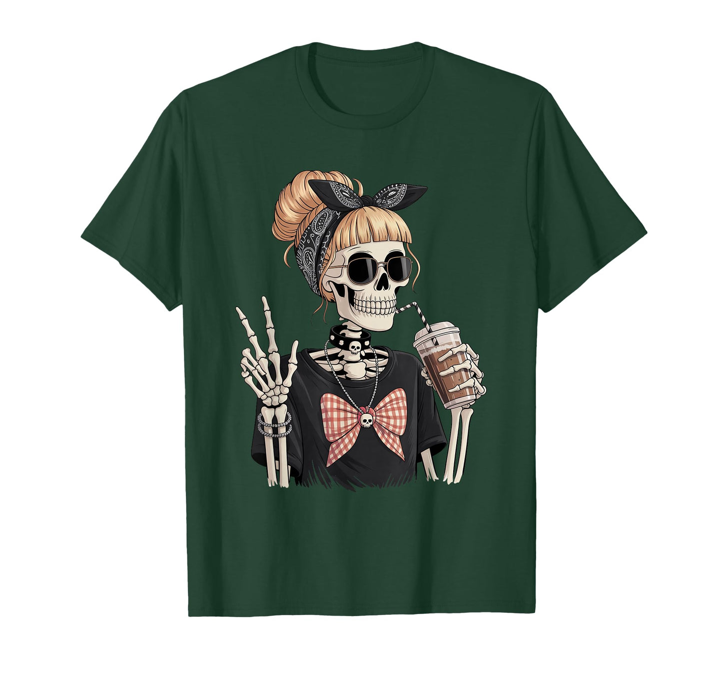 Skeleton Girl Drinking Coffee Peace Sign Graphic for Women T-Shirt