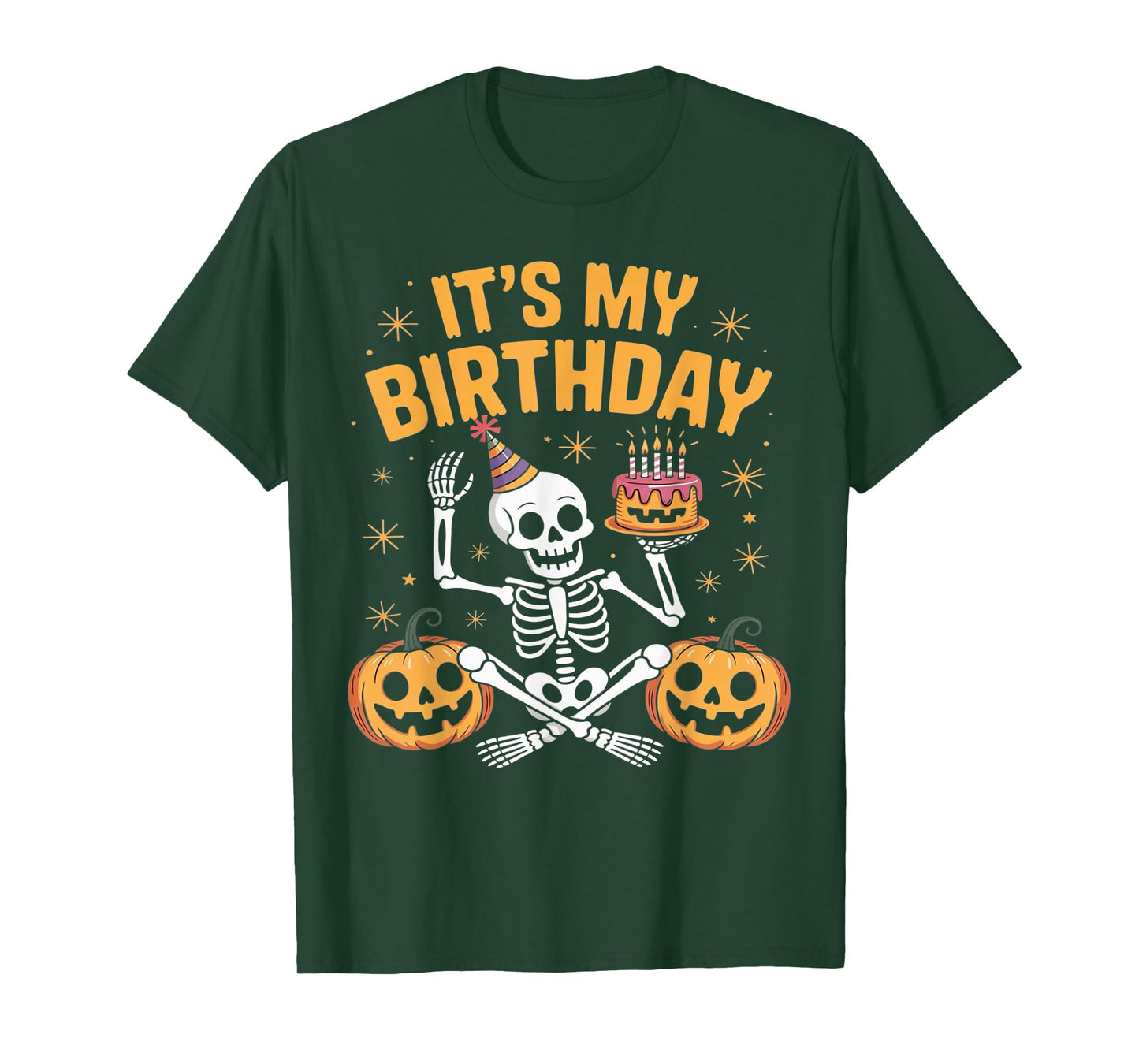 Skeleton Birthday Party Fun with Pumpkins and Cake T-Shirt