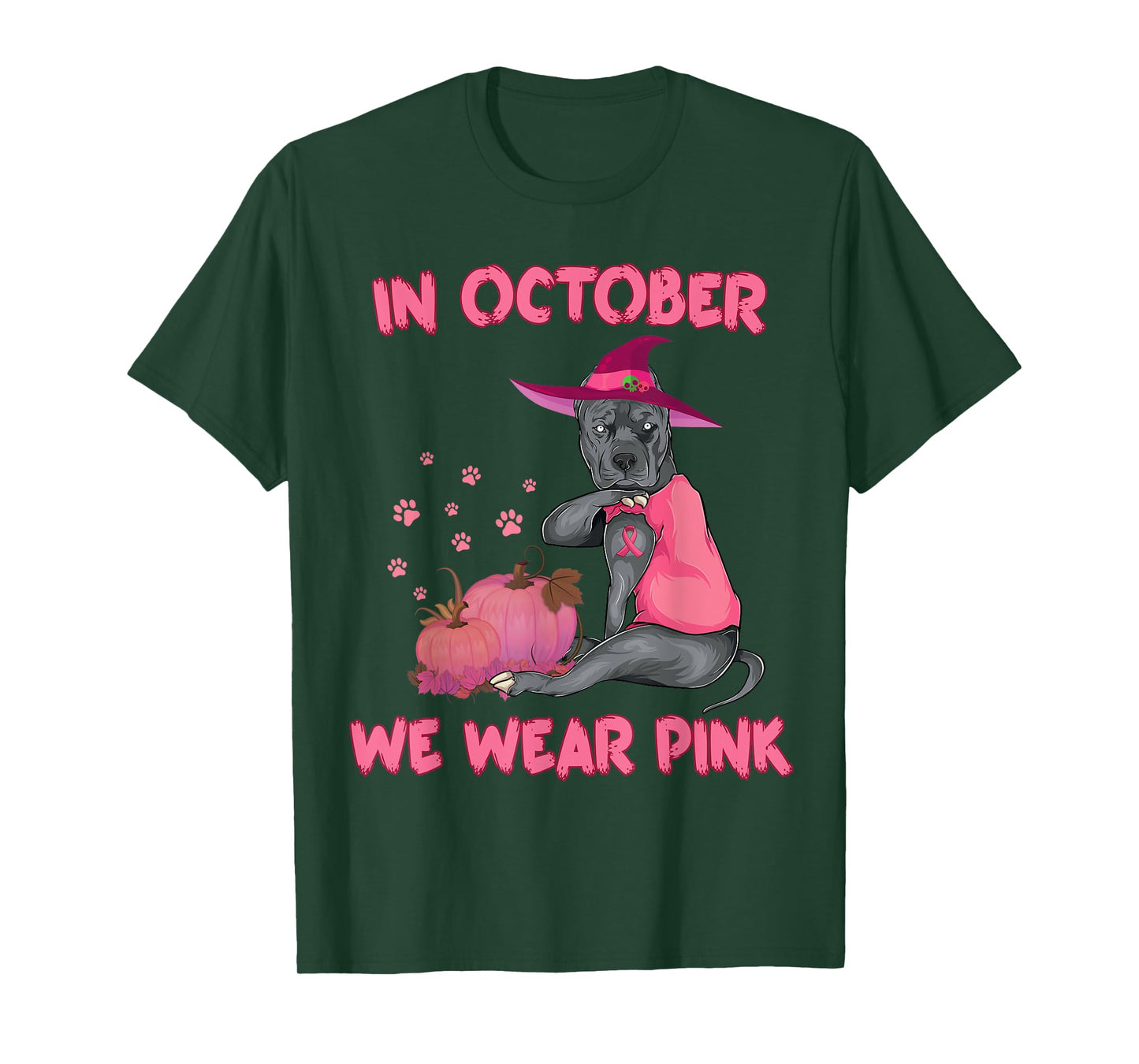 In October We Wear Pink Pitbull Dog Breast Cancer Halloween Men Women Girls Kids T-Shirt