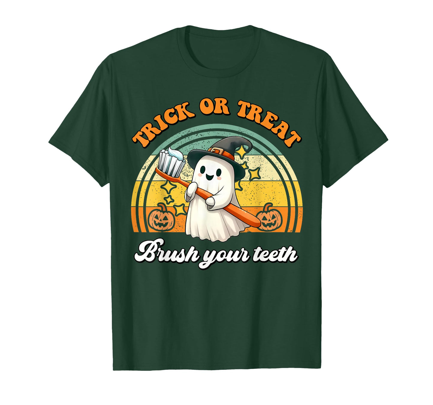 Trick Or Treat Brush Your Teeth Retro Halloween Cute Dentist T-Shirt