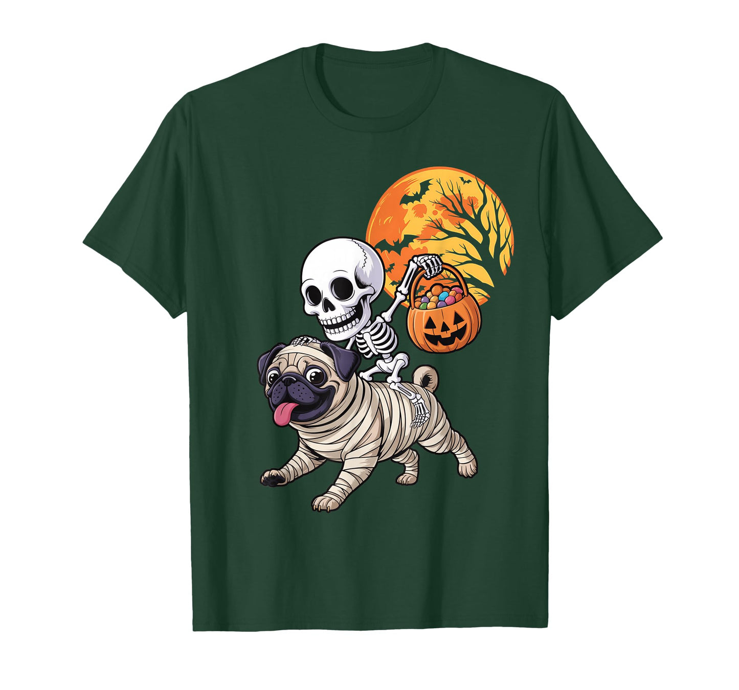 Funny Skeleton Riding Mummy Pug Women Men Halloween T-Shirt