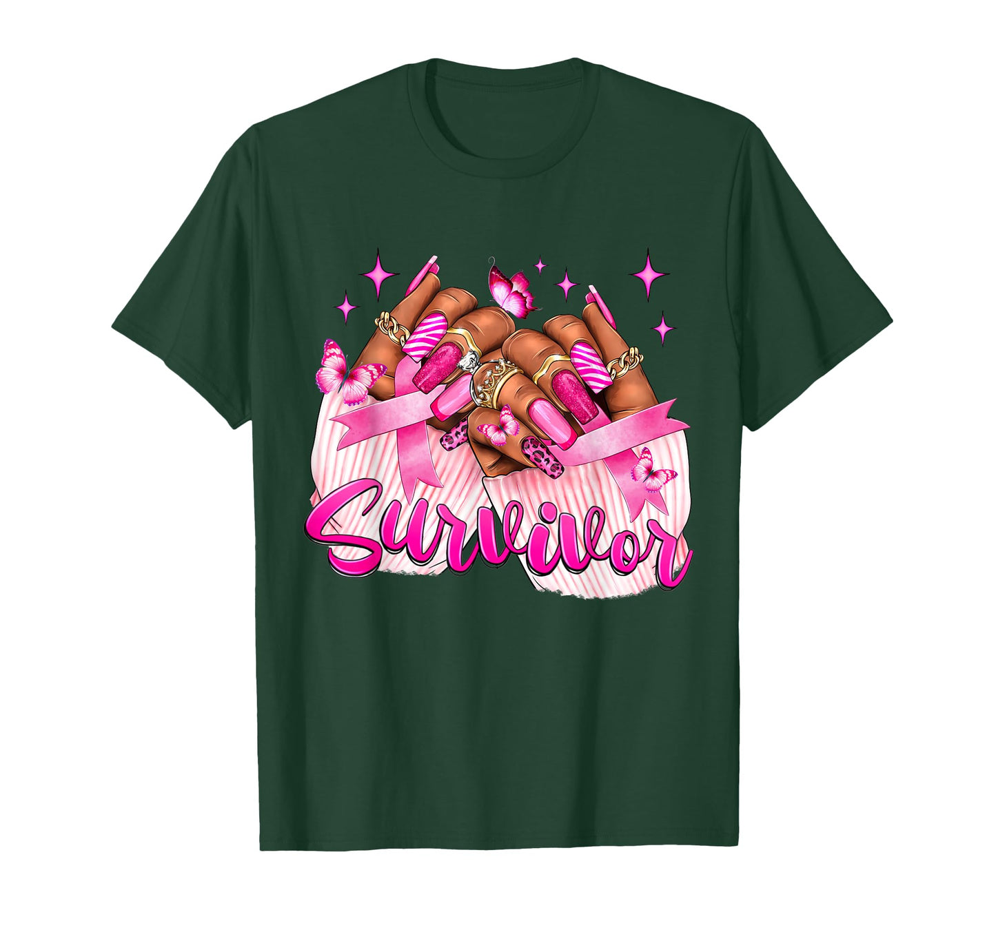 Breast Cancer Survivor Awareness Black Woman Nails Pink T-Shirt