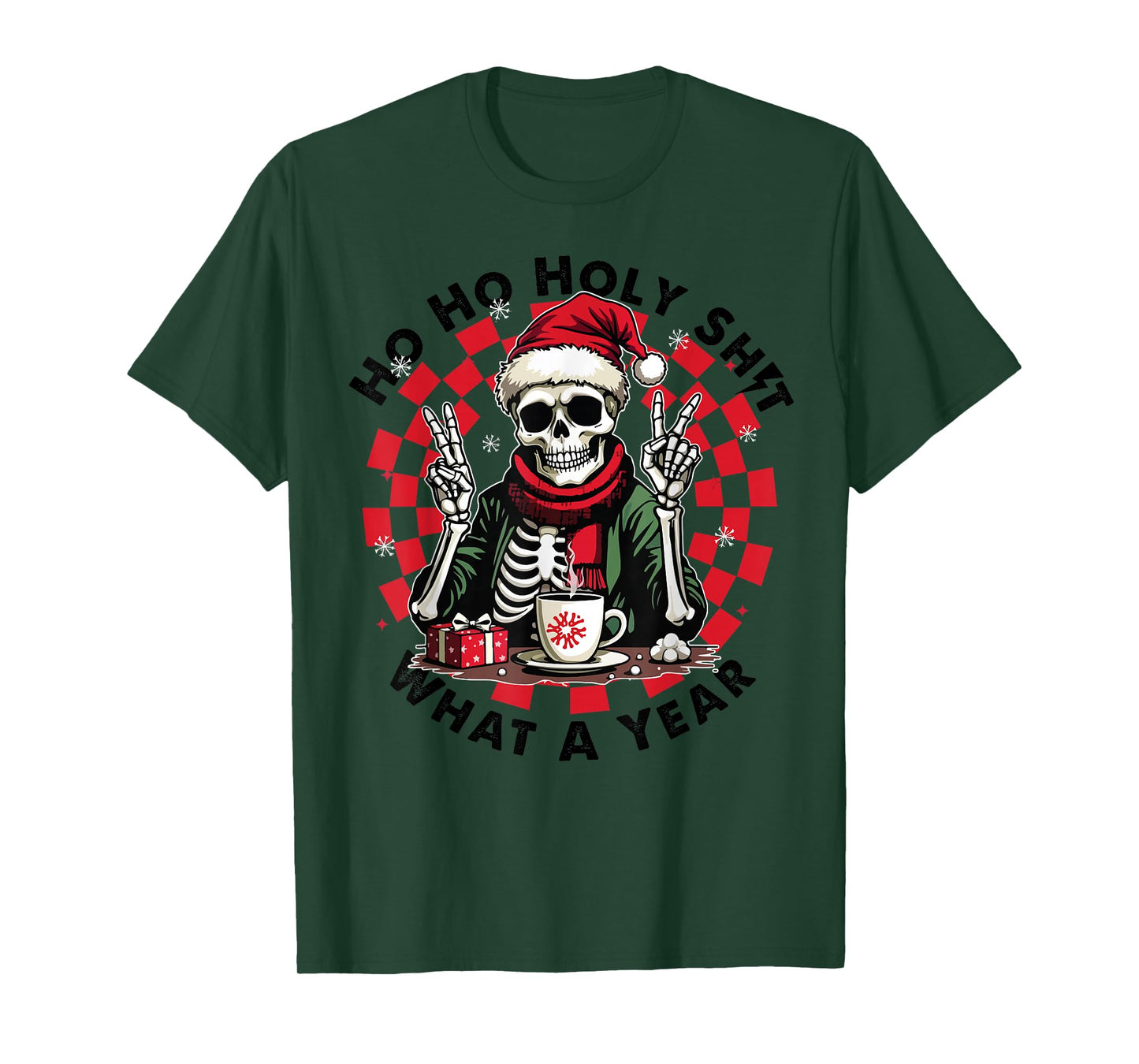 Funny Holy What A Year Christmas Skeleton Retro Women Men T-Shirt