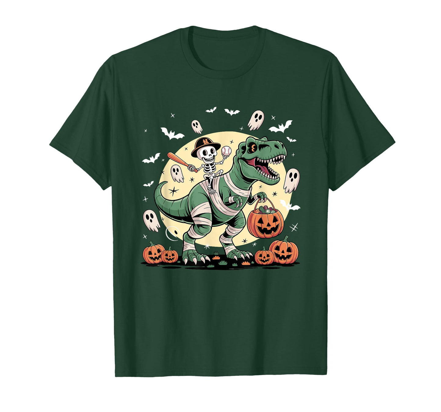 Baseball Skeleton Riding Mummy Dinosaur T-Rex Halloween Boys T-Shirt