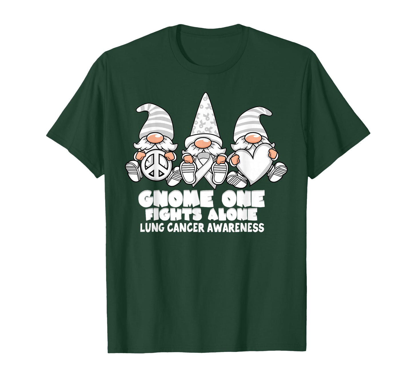 Lung Cancer Awareness Gnome One Fights Alone Wear White T-Shirt